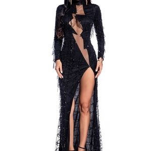 Black Embellished Long Sleeve Gown with Plunge Neckline